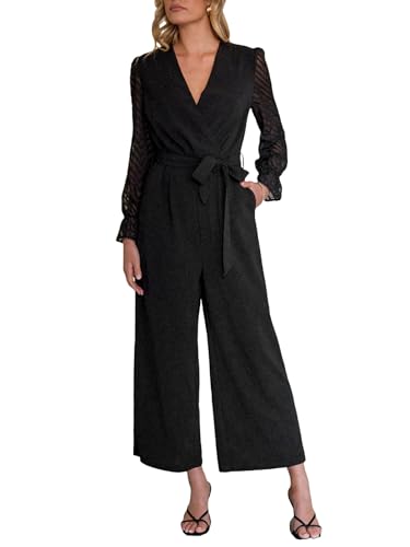 CUPSHE Damen Jumpsuit Wickeloptik V-Ausschnitt Overall Transparent Langarm Weites Bein Playsuit Elegant Büro Hosenanzug Schwarz L von CUPSHE