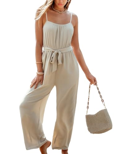 CUPSHE Damen-Jumpsuit mit Spaghettiträgern, Rundhalsausschnitt, ärmellos, Taillenbindung, weites Bein, Strandurlaub-Outfits, M von CUPSHE