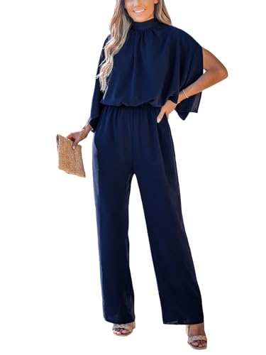 CUPSHE Damen-Jumpsuit mit Stehkragen, Schlitz, Fledermausärmel, weites Bein, Rückenausschnitt, eleganter Overall, lässiger Spielanzug, blau, 36 von CUPSHE