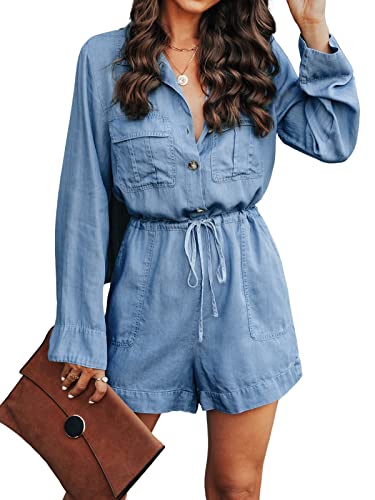 CUPSHE Damen Jumpsuit mit Taschen Knöpfen Langarm Weites bein Denim Overall Sommer Kurz Romper Playsuit Blau L von CUPSHE