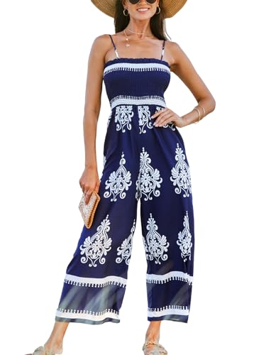 CUPSHE Damen-Jumpsuits Boho gesmoktes Mieder Weites Bein Langer Strampler Overall Quadratischer Ausschnitt Outfit Casual Dressy Playsuit, blau, 42 von CUPSHE