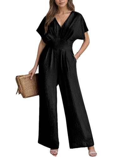 CUPSHE Damen-Jumpsuits mit weitem Bein, V-Ausschnitt, Fledermausärmel, kurze Ärmel, Sommer, langer Strampler, lässiges Outfit, Tasche, Schwarz, Medium von CUPSHE