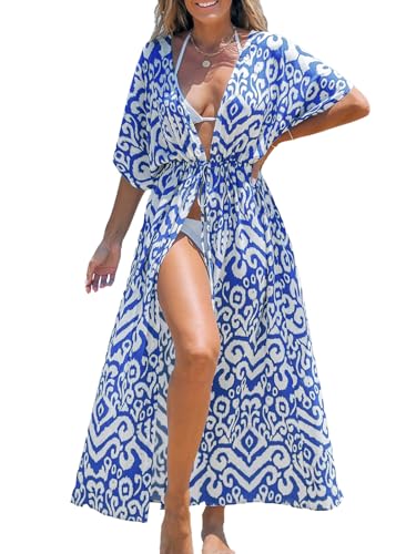 CUPSHE Kimono-Badeanzug für Damen, vorne offen, gestreift, Maxi-Cardigan, Strandvertuschung, Blau floral, Small von CUPSHE