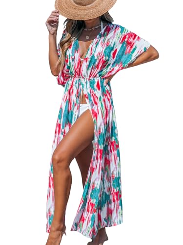 CUPSHE Kimono-Badeanzug für Damen, vorne offen, gestreift, Maxi-Cardigan, Strandvertuschung, Grün / Rot, Large CUPSHE Kimono-Badeanzug für Damen, vorne offen, gestreift, Maxi-Cardigan, Strandvertuschung, Grün / Rot, Large von CUPSHE