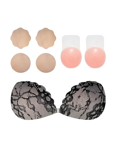 CUPSHE Damen Klebe BH Push Up,Trägerloser BH,Wiederverwendbare Unsichtbar Silikon Rückenfreier Spitzen BH mit 3 Paar Nippelpads für Rückenfreie Kleidung, Tiefe V-Ausschnitt-Tops Schwarz L von CUPSHE