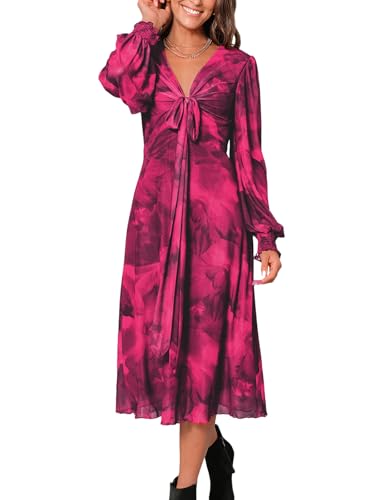 CUPSHE Damen Kleid Batik V-Ausschnitt Laternenärmel Freizeitkleider Front Twist Herbst Lang A-Linie Elegant Maxi Dress Rot L von CUPSHE