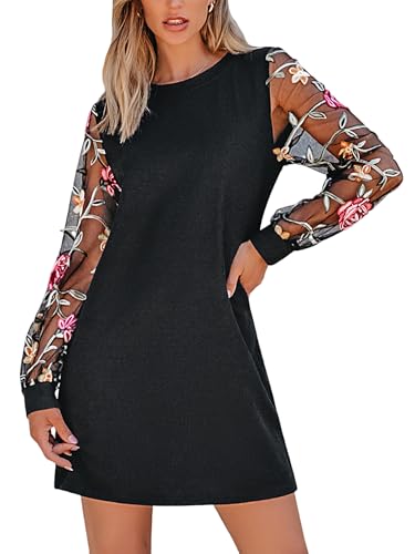 CUPSHE Damen Kleid Blumen Rundhals Sheer Langarm Freizeitkleider Stickerei Herbst A-Linie Elegant Mini Dress Schwarz M von CUPSHE