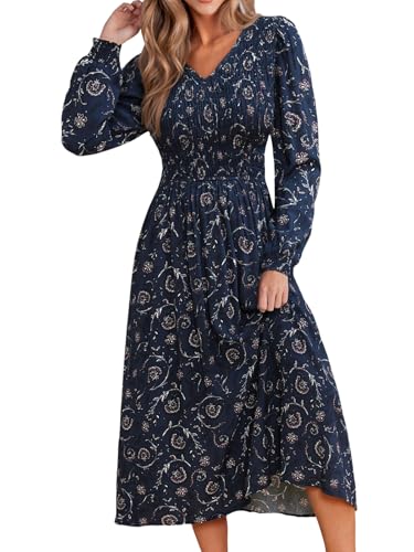 CUPSHE Damen Kleid Blumen V-Ausschnitt Langarm Freizeitkleid A-Linie Gesmokt Herbstkleid Fließend Maxikleid von CUPSHE