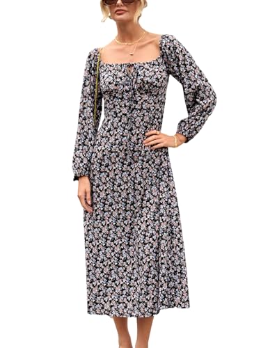 CUPSHE Damen Kleid Blumenmuster Lange Puffärmel Freizeitkleider Eckiger Ausschnitt Gesmokt Herbst Elegant Midi Dress Schwarzes Ditsy XL von CUPSHE