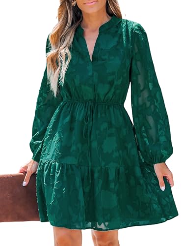 CUPSHE Damen Kleid Blumenmuster V-Ausschnitt Spitze Langarm Herbst Freizeitkleider mit Gürtel Rüschen A-Linie Elegant Mini Dress Grün XL von CUPSHE