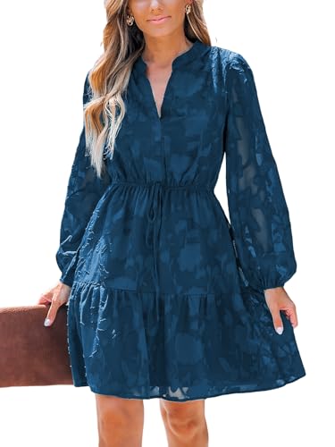 CUPSHE Damen Kleid Blumenmuster V-Ausschnitt Spitze Langarm Herbst Freizeitkleider mit Gürtel Rüschen A-Linie Elegant Mini Dress Marineblau XL von CUPSHE