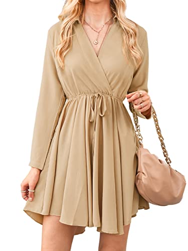 CUPSHE Damen Kleid Blusenkleid Revers Wickeloptik V Ausschnitt Langarm A Linien Minikleid Freizeitkleider Tunika Shirt Dress Khaki M von CUPSHE