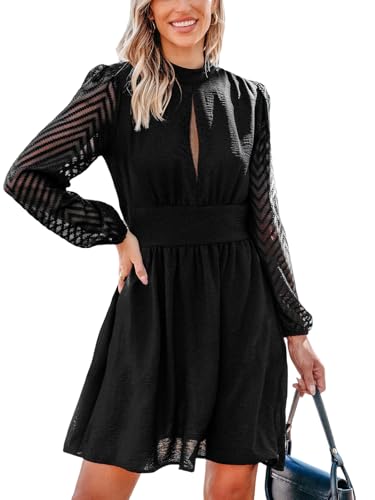 CUPSHE Damen Kleid Cutout Stehkragen Sheer Langarm Freizeitkleider Gestreift Herbst A-Linie Elegant Mini Dress Schwarz S von CUPSHE