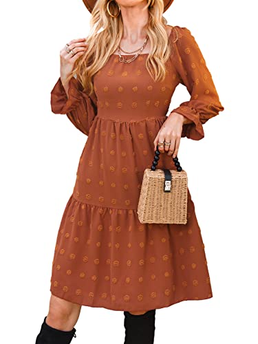 CUPSHE Damen Kleid Eckiger Ausschnitt Langarm Rüschensaum Clip Dot A Linien Gesmokte Freizeitkleider Knielang Party Dress Orange L von CUPSHE