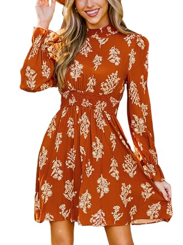 CUPSHE Damen Kleid High Neck Langarm Blumenmuster Kurzes Minikleid Freizeitkleider Party Tunika Dress Burnt Orange L von CUPSHE