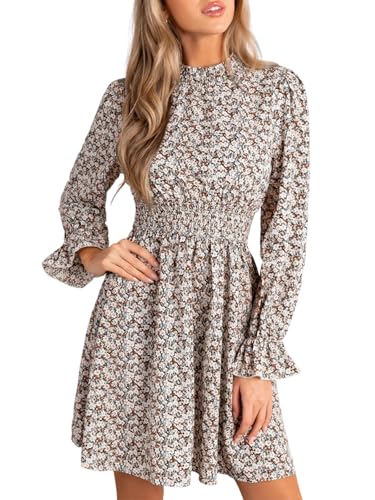 CUPSHE Damen Kleid High Neck Langarm Blumenmuster Kurzes Minikleid Freizeitkleider Party Tunika Dress Disty M von CUPSHE
