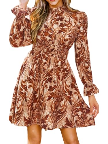 CUPSHE Damen Kleid High Neck Langarm Blumenmuster Kurzes Minikleid Freizeitkleider Party Tunika Dress von CUPSHE