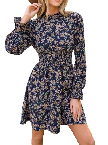 CUPSHE Damen Kleid High Neck Langarm Blumenmuster Kurzes Minikleid Freizeitkleider Party Tunika Dress von CUPSHE