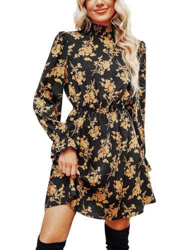 CUPSHE Damen Kleid Mock Neck Langarm Blumenprint Kurzes Herbstkleid Freizeitkleider Elegant Party Smocked Mini Dress Gelb S von CUPSHE