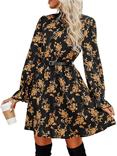 CUPSHE Damen Kleid Mock Neck Langarm Blumenprint Kurzes Herbstkleid Freizeitkleider Elegant Party Smocked Mini Dress Gelb XL von CUPSHE