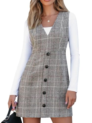 CUPSHE Damen Kleid Kariert V-Ausschnitt Ärmellos Herbst Freizeitkleider Hosenträger Knöpfe Lässig Latzkleid Mini Dress Grau M von CUPSHE