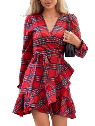 CUPSHE Damen Kleid Kariert V-Ausschnitt Langarm Freizeitkleider Wickelkleid Rüschensaum Herbst A-Linie Elegant Mini Dress Rot L von CUPSHE