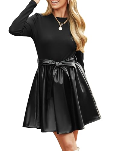 CUPSHE Damen Kleid Kunstleder Rundhals Langarm Freizeitkleider Herbst Stricktop A-Linie Elegant Mini Dress Schwarz S CUPSHE Damen Kleid Kunstleder Rundhals Langarm Freizeitkleider Herbst Stricktop A-Linie Elegant Mini Dress Schwarz S von CUPSHE