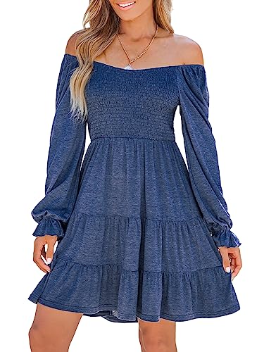 CUPSHE Damen Kleid Langarm Rüschensaum Schulterfreie Freizeitkleider Smocked Off Shoulder Mini Dress Marineblau M von CUPSHE