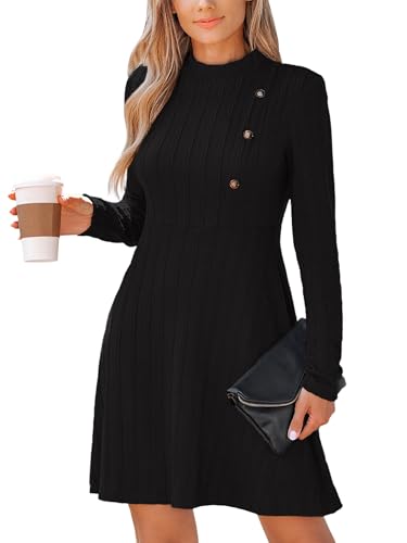 CUPSHE Damen Kleid Mock Neck Knöpfen Langarm Herbst Winter Zopfstruktur Kurze Minikleid Freizeitkleider Casual Mini Dress Schwarz M von CUPSHE