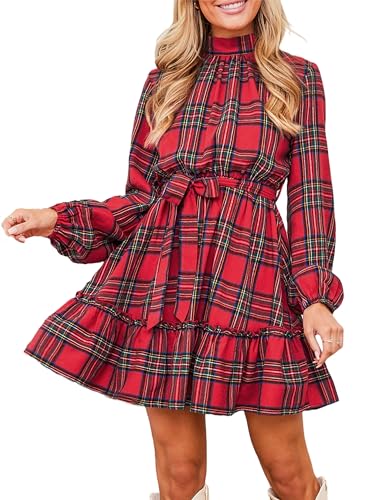 CUPSHE Damen Kleid Mock Neck Langarm Taillenschnürung Karomuster Weihnachten Kleid Freizeitkleider Party Elegant Mini Dress Rot kariert L von CUPSHE