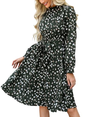 CUPSHE Damen Kleid Mock Neck Langarm Tierdruck Leoparden Taillenschnürung A Linien Freizeitkleider Knielang Party Dress Grün L von CUPSHE