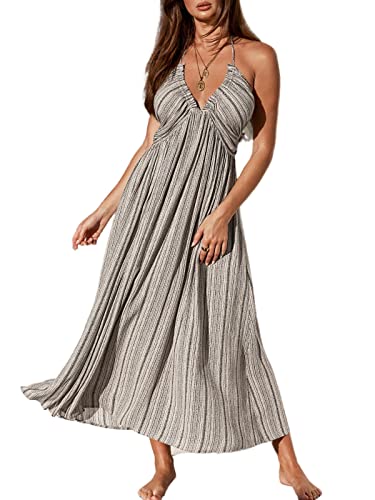 CUPSHE Damen Sommerkleid V Ausschnitt Ärmellos Neckholder Lang Freizeitkleider Beach Smocked Maxi Dress Grau L von CUPSHE