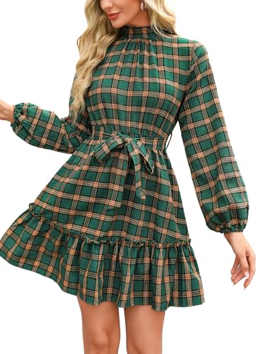 CUPSHE Damen Kleid Plaid High Neck Langarm Freizeitkleider Kariert Party Tunika Mini Dress Grün XL von CUPSHE