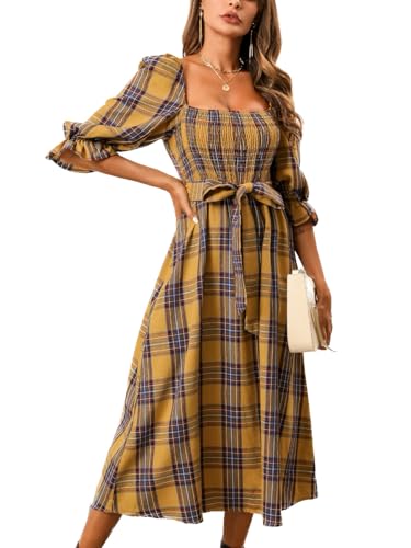 CUPSHE Damen Kleid Quadratischer Ausschnit Puffärmel Karomuster Gesmoktes Oberteil Vintage Maxi Freizeitkleider Party Milkmaid Dress Gelb XL von CUPSHE