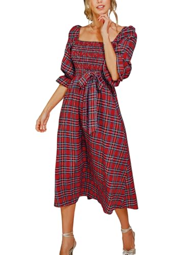 CUPSHE Damen Kleid Quadratischer Ausschnit Puffärmel Karomuster Gesmoktes Oberteil Vintage Maxi Freizeitkleider Party Milkmaid Dress Rot L von CUPSHE