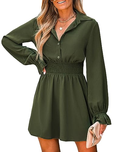 CUPSHE Damen Kleid Revers Knopfleiste vorne Langarm Gesmokte Taille Rüschen Bündchen A Linie Mini Dress Grün M von CUPSHE