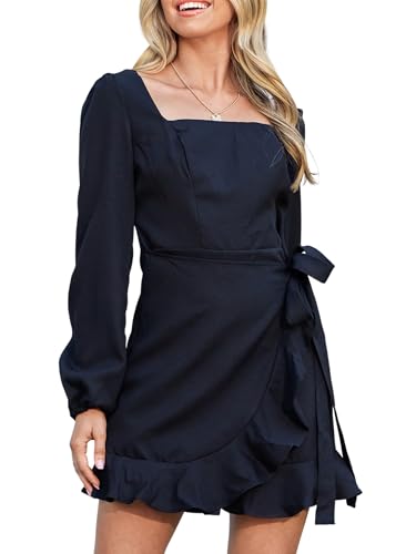 CUPSHE Damen Kleid Rüschen Lang Puffärmel Wickelkleid mit Gürtel A-Linie Freizeitkleider Elegant Mini Dress Schwarz M CUPSHE Damen Kleid Rüschen Lang Puffärmel Wickelkleid mit Gürtel A-Linie Freizeitkleider Elegant Mini Dress Schwarz M von CUPSHE