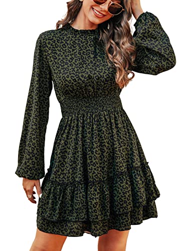 CUPSHE Damen Kleid Mock Neck Langarm Leopardenmuster Gestufter Rüschensaum Kurzes Minikleid Freizeitkleider Party Mini Dress Leopard M von CUPSHE