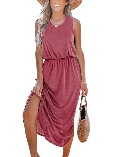 CUPSHE Damen Kleid Rundhals Ärmellose Seitenschlitz Elastischer Bund T Shirt Kleid Jersey Freizeitkleider Sommer Maxi Dress Rosarot XL von CUPSHE