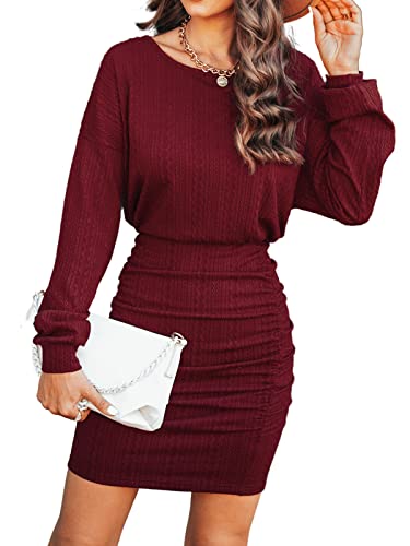 CUPSHE Damen Kleid Rundhals Fledermausärmel Texturiert Herbst Langarmkleid Freizeitkleider Party Mini Bodycon Dress Weinrot XL von CUPSHE