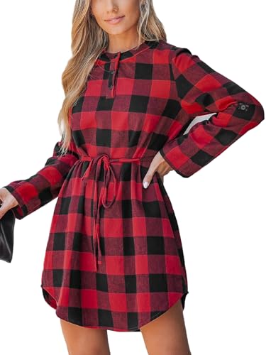 CUPSHE Damen Kleid Rundhals Knöpfen Langarm Karomuster Asymmetrisch Kurze Blusenkleid Freizeitkleider Plaid Mini Dress Rot kariert M von CUPSHE