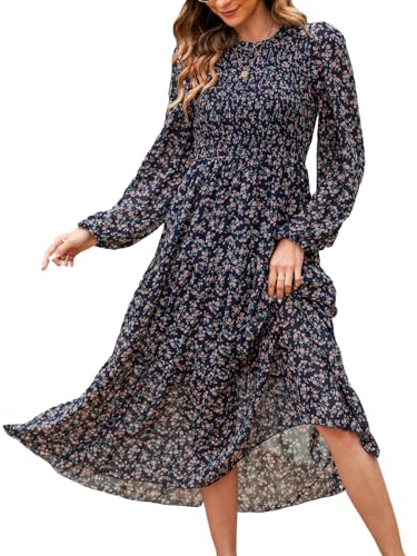 CUPSHE Damen Kleid Rundhals Langarm Blumenmuster Rüschensaum Lang Freizeitkleider Smocked Maxi Dress Marineblau L von CUPSHE