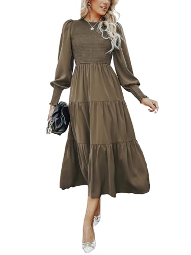 CUPSHE Damen Kleid Rundhals Langarm Gestuftes Rüschensaum Hohe Taille Gesmoktes Maxikleid A Linien Freizeitkleider Elegant Dress Sepia Brown M von CUPSHE