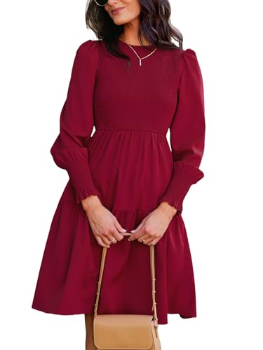 CUPSHE Damen Kleid Rundhals Langarm Rüschensaum A Linien Gesmoktes Minikleid Freizeitkleider Party Smocked Mini Dress Burgunder XL von CUPSHE