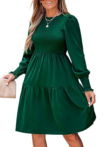 CUPSHE Damen Kleid Rundhals Langarm Rüschensaum A Linien Gesmoktes Minikleid Freizeitkleider Party Smocked Mini Dress Smaragdgrün XL von CUPSHE