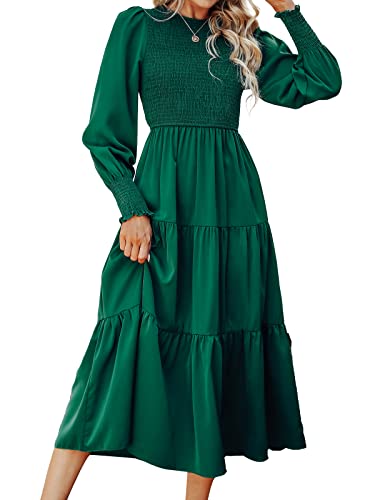 CUPSHE Damen Kleid Rundhals Langarm Gestuftes Rüschensaum Hohe Taille Gesmoktes Maxikleid A Linien Freizeitkleider Elegant Dress Grün L von CUPSHE