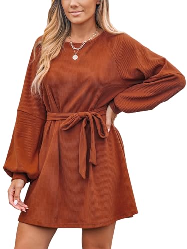 CUPSHE Damen Kleid Rundhals Langarm Taillengürtel Rippstruktur Kurze Minikleid Freizeitkleider Tunika Shirt Dress Orange XL von CUPSHE