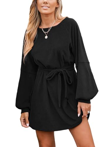 CUPSHE Damen Kleid Rundhals Langarm Taillengürtel Rippstruktur Kurze Minikleid Freizeitkleider Tunika Shirt Dress Schwarz M von CUPSHE