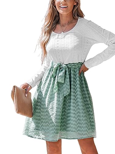 CUPSHE Damen Kleid Rundhals Langarm Taillenschnürung Wellenmuster A-Linien Freizeitkleider Party Mini Dress Grün M von CUPSHE