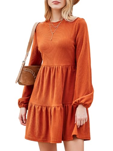 CUPSHE Damen Kleid Rundhals Langarm Volantsaum A Linien Herbst Winter Rippstruktur Kurze Minikleid Freizeitkleider Tiered Mini Dress Burnt Orange XL von CUPSHE